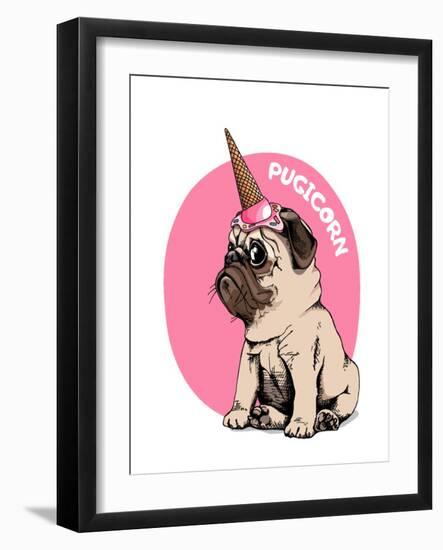 Adorable Beige Puppy Pug in a Ice Cream Party Cap on a Pink Background. Pugicorn - Lettering Quote.-null-Framed Art Print