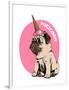 Adorable Beige Puppy Pug in a Ice Cream Party Cap on a Pink Background. Pugicorn - Lettering Quote.-null-Framed Art Print