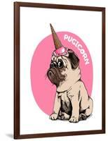 Adorable Beige Puppy Pug in a Ice Cream Party Cap on a Pink Background. Pugicorn - Lettering Quote.-null-Framed Art Print