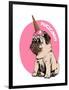 Adorable Beige Puppy Pug in a Ice Cream Party Cap on a Pink Background. Pugicorn - Lettering Quote.-null-Framed Art Print