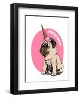 Adorable Beige Puppy Pug in a Ice Cream Party Cap on a Pink Background. Pugicorn - Lettering Quote.-null-Framed Art Print