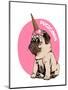 Adorable Beige Puppy Pug in a Ice Cream Party Cap on a Pink Background. Pugicorn - Lettering Quote.-null-Mounted Art Print
