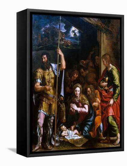 Adotation of the Shepherds with the Saints Longinus and John the Evangelist-Giulio Romano-Framed Stretched Canvas