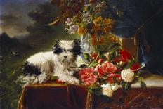 Rhododendrons in a Porcelain Vase with Roses and a Dog on a Draped Table in a Landscape-Adriana-johanna Haanen-Framed Stretched Canvas