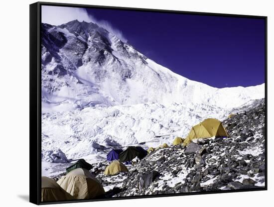 Advanced Base Camp with the Summit of Mt. Everest on Everest North Side, Tibet-Michael Brown-Framed Stretched Canvas