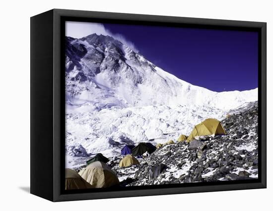 Advanced Base Camp with the Summit of Mt. Everest on Everest North Side, Tibet-Michael Brown-Framed Stretched Canvas