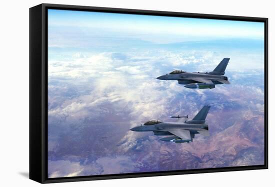 Advanced Fighter Jets Flying Together above the Clouds. Accelerates and Disappears.-yucelyilmaz-Framed Stretched Canvas