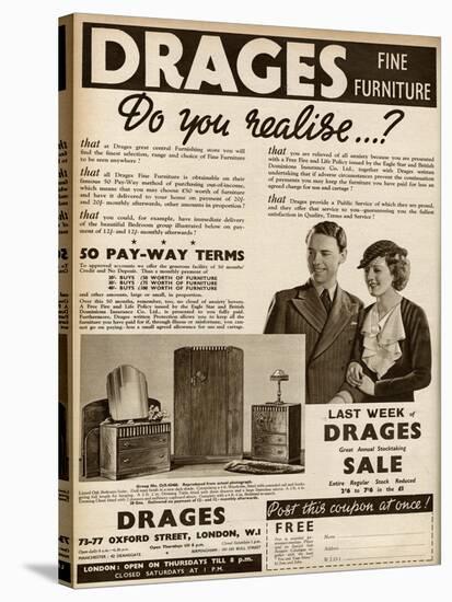 Advert for Drages Bedroom Furniture 1937-null-Stretched Canvas