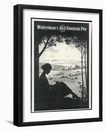 Advertisement for a Fountain Pen Featuring a Silhouette of a Woman Sitting Under a Tree Writing-null-Framed Photographic Print