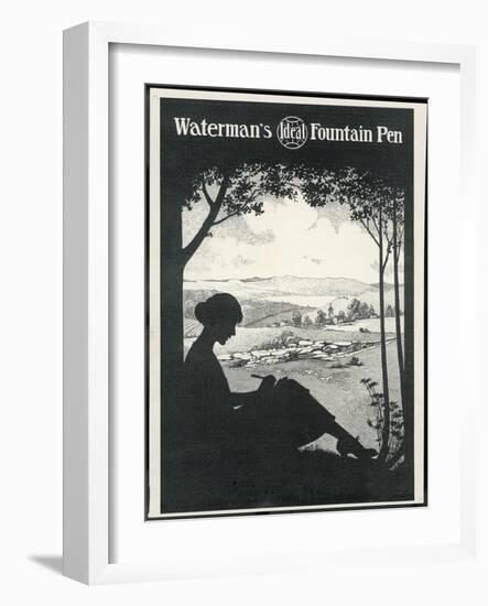 Advertisement for a Fountain Pen Featuring a Silhouette of a Woman Sitting Under a Tree Writing-null-Framed Photographic Print