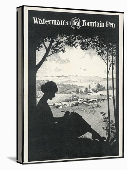 Advertisement for a Fountain Pen Featuring a Silhouette of a Woman Sitting Under a Tree Writing-null-Stretched Canvas