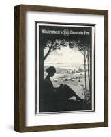 Advertisement for a Fountain Pen Featuring a Silhouette of a Woman Sitting Under a Tree Writing-null-Framed Photographic Print