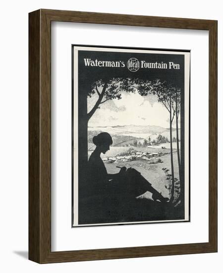 Advertisement for a Fountain Pen Featuring a Silhouette of a Woman Sitting Under a Tree Writing-null-Framed Photographic Print