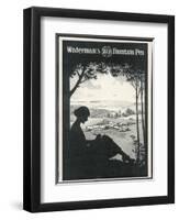 Advertisement for a Fountain Pen Featuring a Silhouette of a Woman Sitting Under a Tree Writing-null-Framed Photographic Print