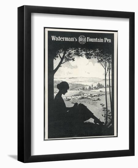 Advertisement for a Fountain Pen Featuring a Silhouette of a Woman Sitting Under a Tree Writing-null-Framed Photographic Print