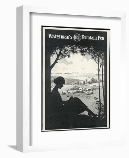 Advertisement for a Fountain Pen Featuring a Silhouette of a Woman Sitting Under a Tree Writing-null-Framed Photographic Print