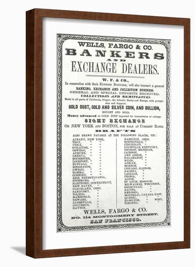 Advertisement For Wells, Fargo and Co. Bankers and Exchange Dealers, 1856-null-Framed Giclee Print