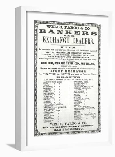 Advertisement For Wells, Fargo and Co. Bankers and Exchange Dealers, 1856-null-Framed Giclee Print