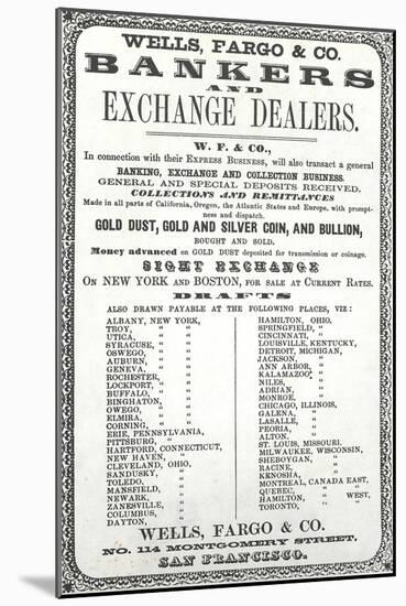 Advertisement For Wells, Fargo and Co. Bankers and Exchange Dealers, 1856-null-Mounted Giclee Print