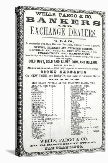 Advertisement For Wells, Fargo and Co. Bankers and Exchange Dealers, 1856-null-Stretched Canvas