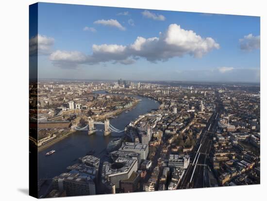 Aerial Cityscape Showing River Thames, Tower Bridge and Railway Tracks, London, England-Charles Bowman-Stretched Canvas