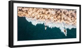 Aerial drone photo of surfers riding Pacific Ocean waves in San Diego, California at Sunset Cliffs-David Chang-Framed Photographic Print