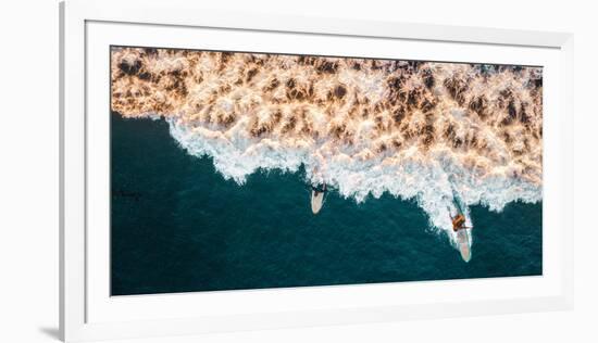 Aerial drone photo of surfers riding Pacific Ocean waves in San Diego, California at Sunset Cliffs-David Chang-Framed Photographic Print