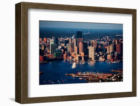 Aerial morning View of Boston Skyline and Financial District and Wharf area, Boston, MA-null-Framed Photographic Print