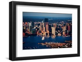 Aerial morning View of Boston Skyline and Financial District and Wharf area, Boston, MA-null-Framed Photographic Print