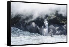 Aerial of a Waterfall Flowing into the Icefield of Fox Glacier-Michael Runkel-Framed Stretched Canvas