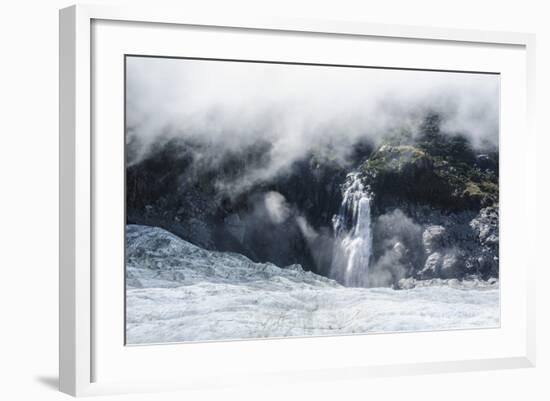 Aerial of a Waterfall Flowing into the Icefield of Fox Glacier-Michael Runkel-Framed Photographic Print