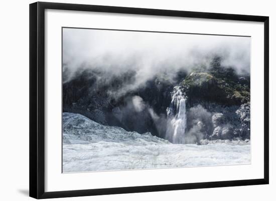 Aerial of a Waterfall Flowing into the Icefield of Fox Glacier-Michael Runkel-Framed Photographic Print