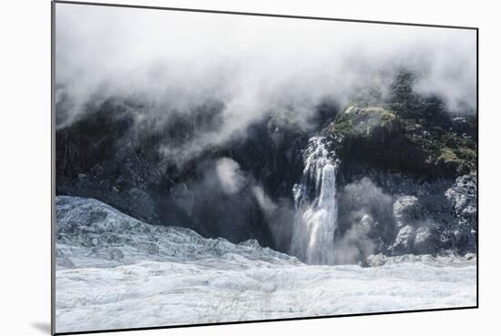 Aerial of a Waterfall Flowing into the Icefield of Fox Glacier-Michael Runkel-Mounted Photographic Print