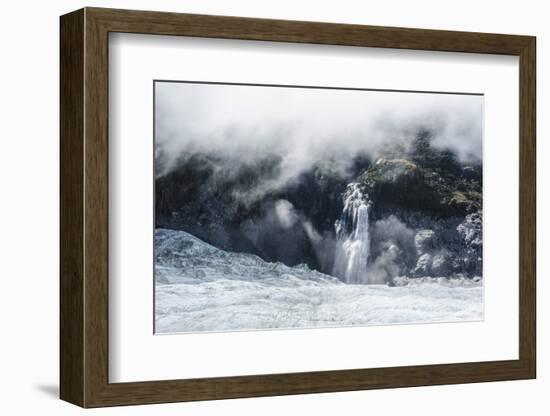 Aerial of a Waterfall Flowing into the Icefield of Fox Glacier-Michael Runkel-Framed Photographic Print