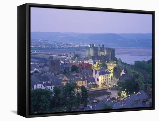 Aerial of Conway and Castle, UNESCO World Heritage Site, Gwynedd, North Wales, United Kingdom-Rainford Roy-Framed Stretched Canvas