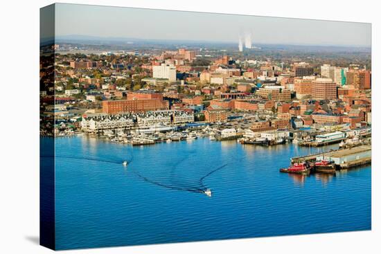 Aerial of downtown Portland Harbor and Portland Maine with view of Maine Medical Center, Commerc...-null-Stretched Canvas