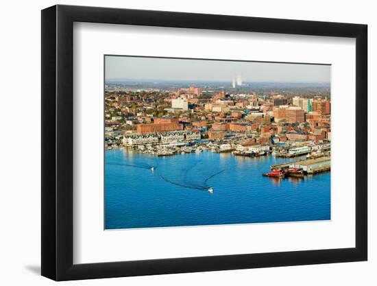 Aerial of downtown Portland Harbor and Portland Maine with view of Maine Medical Center, Commerc...-null-Framed Photographic Print