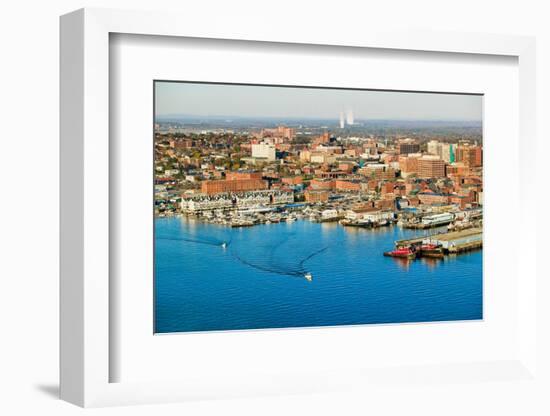 Aerial of downtown Portland Harbor and Portland Maine with view of Maine Medical Center, Commerc...-null-Framed Photographic Print