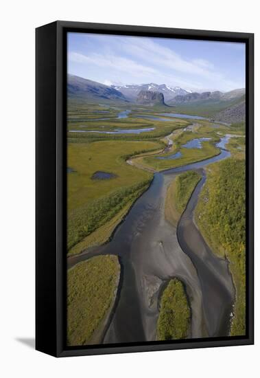 Aerial of Laitaure Delta in Rapadalen Valley with Skierffe and Nammatj Mountains, Sarek Np, Sweden-Cairns-Framed Stretched Canvas