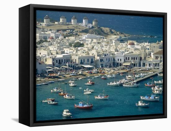 Aerial of the Harbour and Mykonos Town with Windmills in the Background, Greece-Fraser Hall-Framed Stretched Canvas