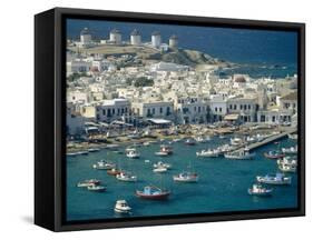 Aerial of the Harbour and Mykonos Town with Windmills in the Background, Greece-Fraser Hall-Framed Stretched Canvas