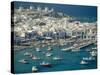 Aerial of the Harbour and Mykonos Town with Windmills in the Background, Greece-Fraser Hall-Stretched Canvas