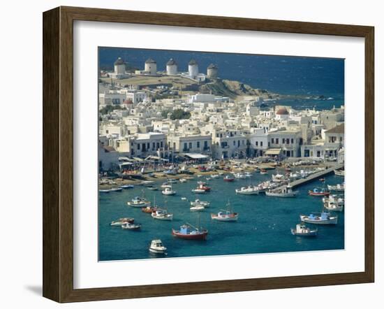 Aerial of the Harbour and Mykonos Town with Windmills in the Background, Greece-Fraser Hall-Framed Photographic Print