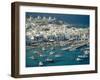 Aerial of the Harbour and Mykonos Town with Windmills in the Background, Greece-Fraser Hall-Framed Photographic Print