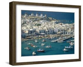 Aerial of the Harbour and Mykonos Town with Windmills in the Background, Greece-Fraser Hall-Framed Photographic Print