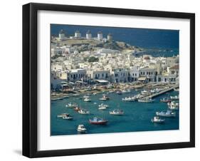 Aerial of the Harbour and Mykonos Town with Windmills in the Background, Greece-Fraser Hall-Framed Photographic Print