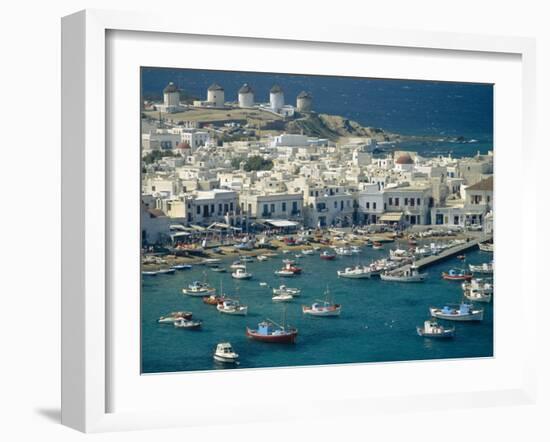 Aerial of the Harbour and Mykonos Town with Windmills in the Background, Greece-Fraser Hall-Framed Photographic Print