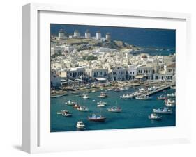 Aerial of the Harbour and Mykonos Town with Windmills in the Background, Greece-Fraser Hall-Framed Photographic Print