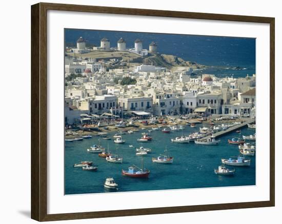 Aerial of the Harbour and Mykonos Town with Windmills in the Background, Greece-Fraser Hall-Framed Photographic Print