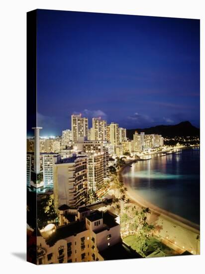 Aerial of Waikiki Beach at Night, HI-Walter Bibikow-Stretched Canvas